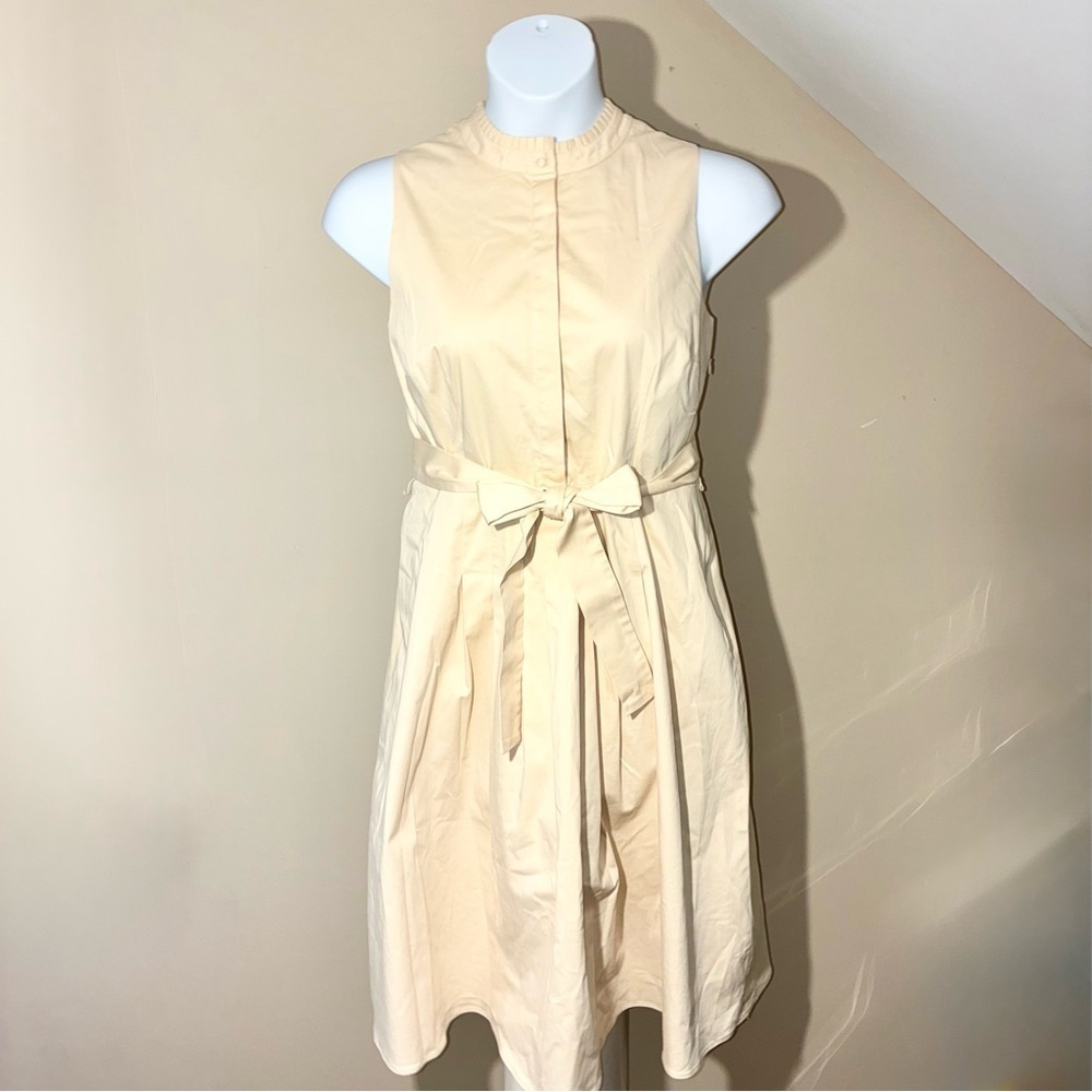 Antonio Melani Sleeveless Midi Dress High Neck Lined Cotton Tan Cream Size 14